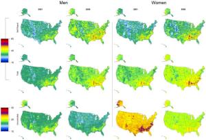 Map shows self-reported, total, and uncontrolled hypertension by sex among adults 30 years and older in 2001 and 2009.